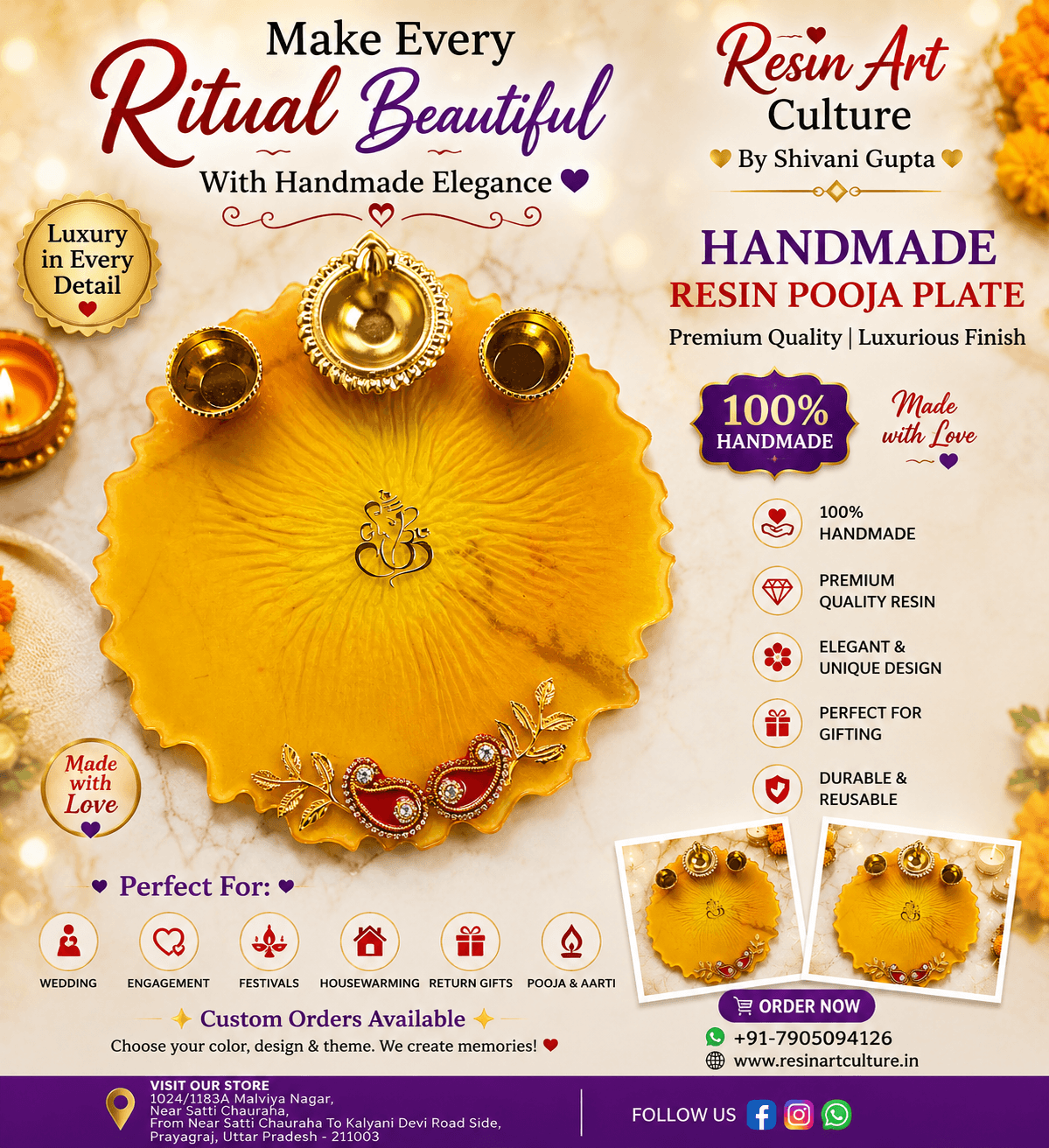 Handmade Resin Pooja Thali Set with Ganesha Design Premium Epoxy Resin Aarti Plate with 2 Diyas 1 De